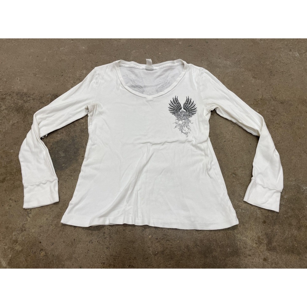 Harley-Davidson Shirt Womens Medium White V Neck Long Sleeve Graphic Eagle Biker